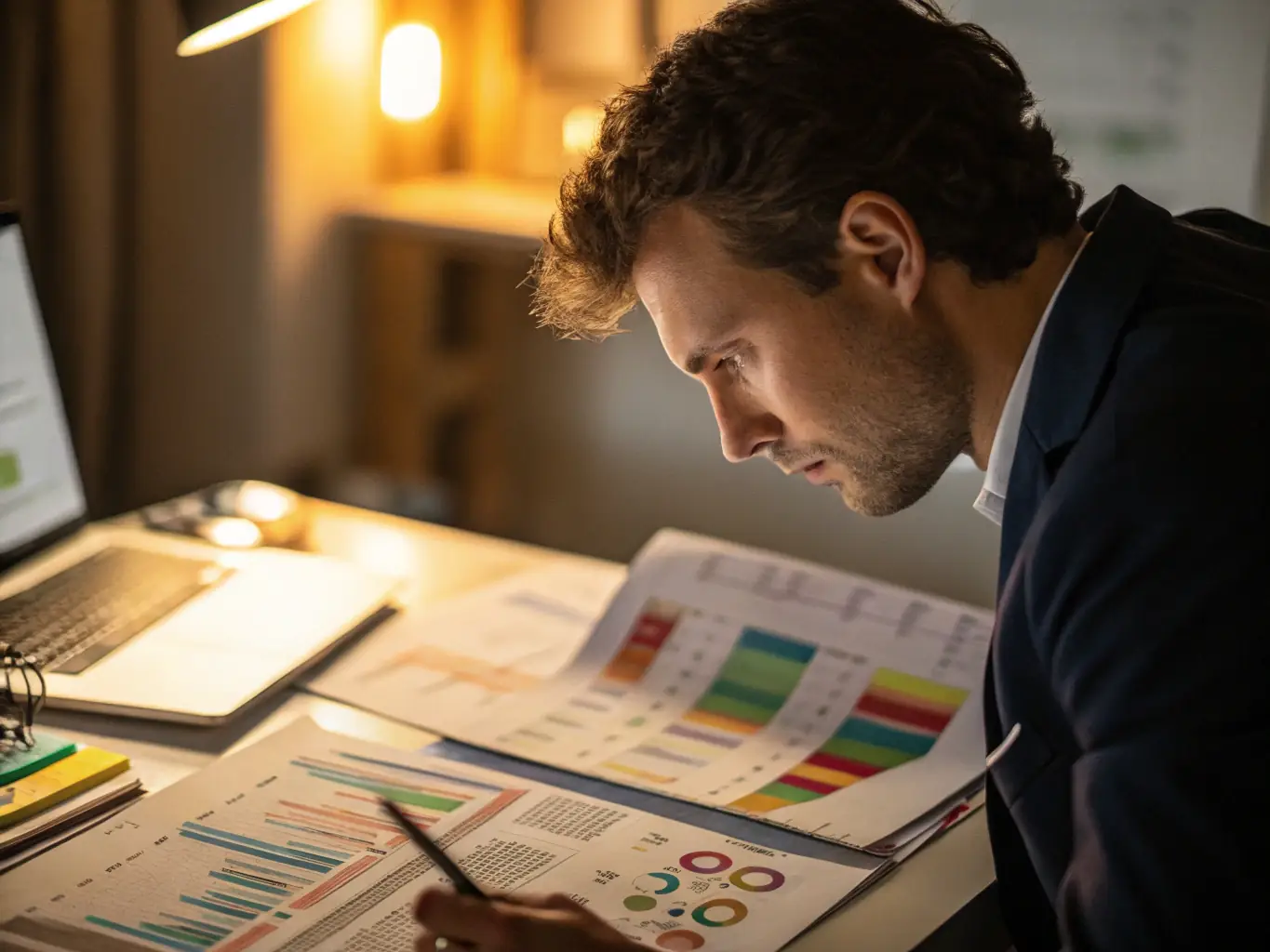 A professional financial advisor analyzing market trends on a computer screen, with charts showing positive growth and investment returns. The setting is a modern office, conveying expertise and reliability.