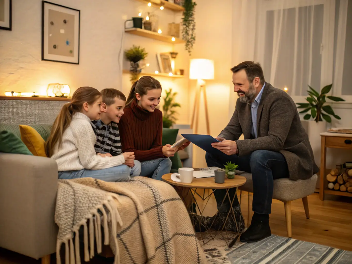 A family confidently planning their financial future together, with a financial advisor providing guidance and support. The scene is warm and inviting, emphasizing the personal touch of videospot.fun's services.