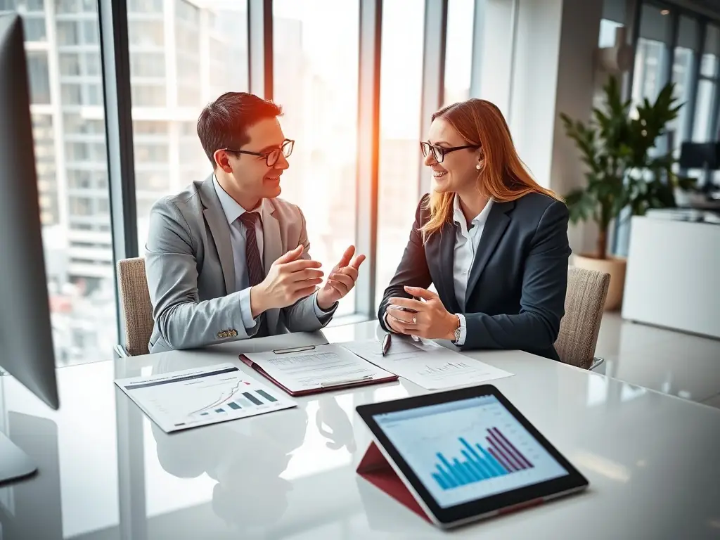 A professional financial advisor is sitting at a desk, reviewing investment portfolios with a client in a modern office setting. The scene conveys trust, expertise, and personalized financial planning.