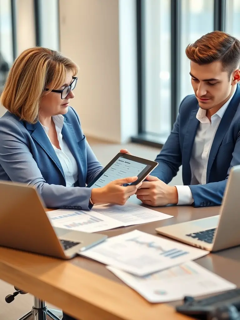 A professional financial advisor reviewing a client's investment portfolio in a modern office setting, emphasizing strategic planning.